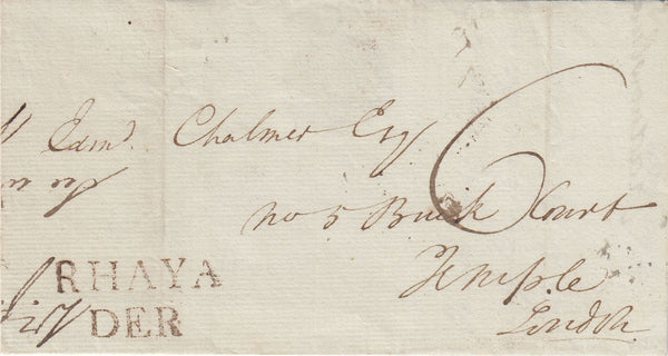 144380 1792 MAIL RHAYADER, RADNORSHIRE TO LONDON VERY FINE 'RHAYA/DER' TWO LINE HANDSTAMP (W2065).