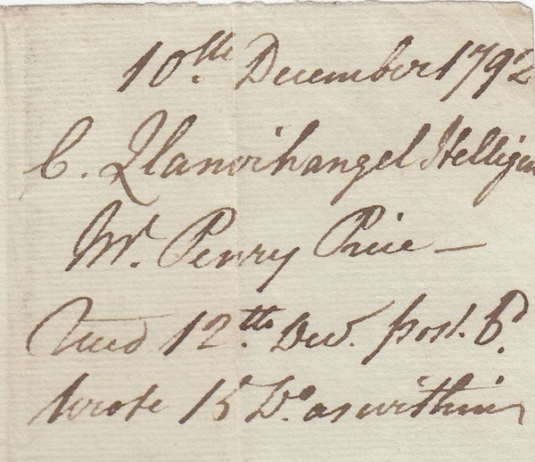 144380 1792 MAIL RHAYADER, RADNORSHIRE TO LONDON VERY FINE 'RHAYA/DER' TWO LINE HANDSTAMP (W2065).