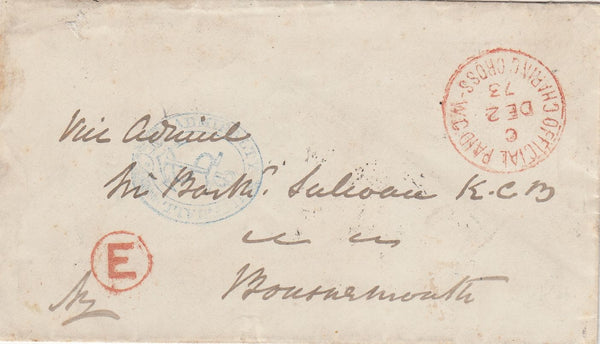 144382 1873 OFFICIAL PAID MAIL LONDON TO BOURNEMOUTH WITH 'ADMIRALTY/WHITEHALL' OVAL CACHET, ANCHOR WITHIN.