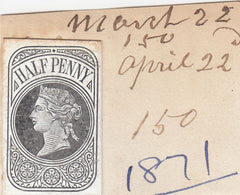 144393 1871 QV ½d NEWSPAPER WRAPPER STAMP DIE PROOF EX DE LA RUE STRIKING BOOK.