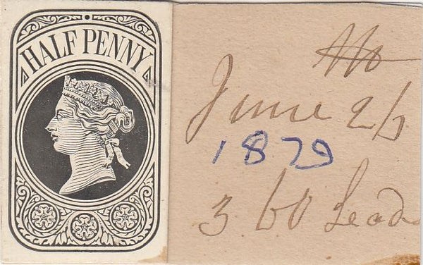 144396 1879 QV ½d NEWSPAPER WRAPPER STAMP DIE PROOF EX DE LA RUE STRIKING BOOK.