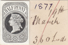 144397 1877 QV ½d NEWSPAPER WRAPPER STAMP DIE PROOF EX DE LA RUE STRIKING BOOK.