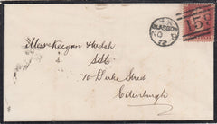 144408 1872 MOURNING ENVELOPE GLASGOW TO EDINBURGH 1d PL.140 (SG43) 'STAR-BURST' INSPECTOR'S MARK.