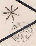 144408 1872 MOURNING ENVELOPE GLASGOW TO EDINBURGH 1d PL.140 (SG43) 'STAR-BURST' INSPECTOR'S MARK.