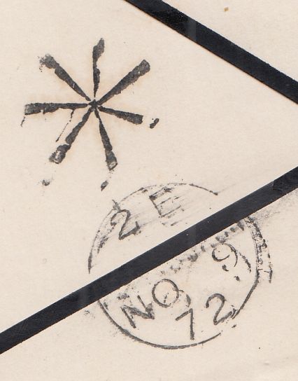 144408 1872 MOURNING ENVELOPE GLASGOW TO EDINBURGH 1d PL.140 (SG43) 'STAR-BURST' INSPECTOR'S MARK.