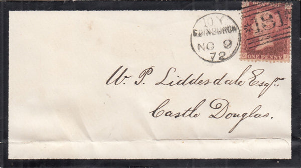 144409 1872 MOURNING ENVELOPE EDINBURGH TO CASTLE DOUGLAS 1d PL.149 (SG43) 'STAR-BURST' INSPECTOR'S MARK ON REVERSE.