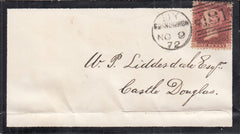 144409 1872 MOURNING ENVELOPE EDINBURGH TO CASTLE DOUGLAS 1d PL.149 (SG43) 'STAR-BURST' INSPECTOR'S MARK ON REVERSE.