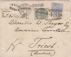 144411 1882 MAIL EDINBURGH TO TRIEST AUSTRIA 2½d PL.23 (SG157) ½d (SG165) WITH 'PAID/EXTRA' HANDSTAMP DENOTING LATE FEE.