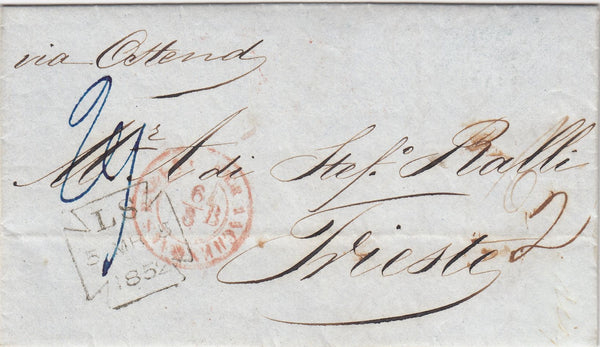144414 1852 MAIL LONDON TO TRIESTE, POSTED UNPAID.