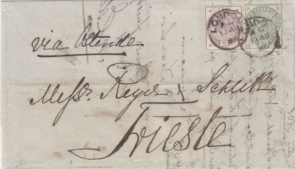 144415 1886 MAIL LONDON TO TRIESTE 2½d LILAC (SG190) 5d GREEN (SG193).