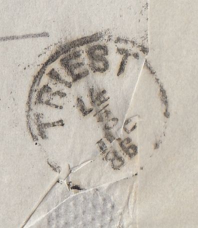 144415 1886 MAIL LONDON TO TRIESTE 2½d LILAC (SG190) 5d GREEN (SG193).