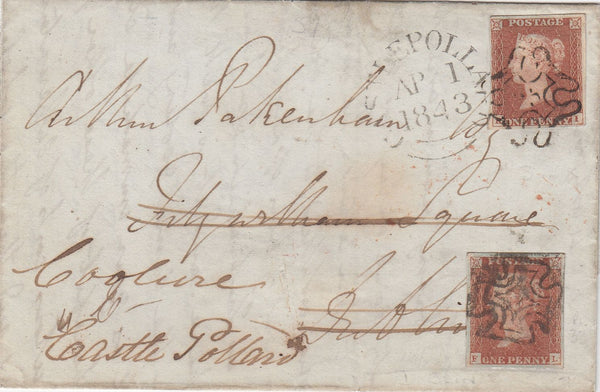 144419 1843 MAIL LONDON TO DUBLIN 1d (SG8) LONDON No.'3' IN CROSS, REDIRECTED TO CASTLE POLLARD 1d (SG8) DUBLIN DISTINCTIVE MALTESE CROSS.