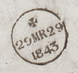 144419 1843 MAIL LONDON TO DUBLIN 1d (SG8) LONDON No.'3' IN CROSS, REDIRECTED TO CASTLE POLLARD 1d (SG8) DUBLIN DISTINCTIVE MALTESE CROSS.