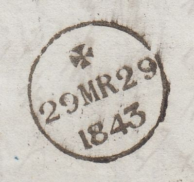 144419 1843 MAIL LONDON TO DUBLIN 1d (SG8) LONDON No.'3' IN CROSS, REDIRECTED TO CASTLE POLLARD 1d (SG8) DUBLIN DISTINCTIVE MALTESE CROSS.