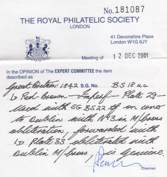 144419 1843 MAIL LONDON TO DUBLIN 1d (SG8) LONDON No.'3' IN CROSS, REDIRECTED TO CASTLE POLLARD 1d (SG8) DUBLIN DISTINCTIVE MALTESE CROSS.