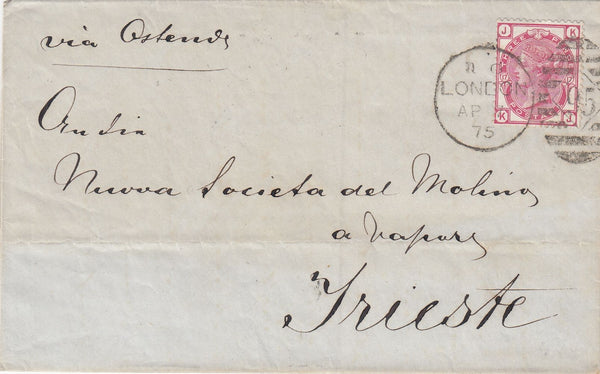 144420 1875 MAIL LONDON TO TRIESTE 3d ROSE PL.17 (SG143).