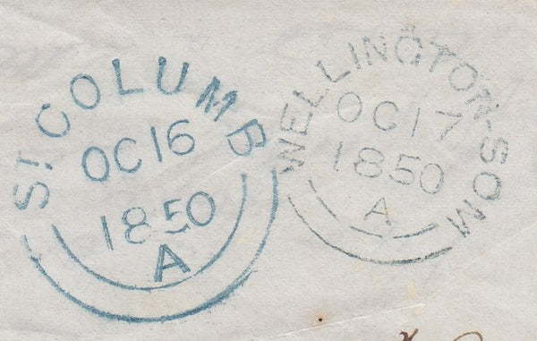 144423 1850 MAIL ST COLUMB, CORNWALL TO WELLINGTON, SOMERSET 1d (SG8) CANCELLED '678' NUMERALS OF ST COLUMB IN BLUE AND BLACK.