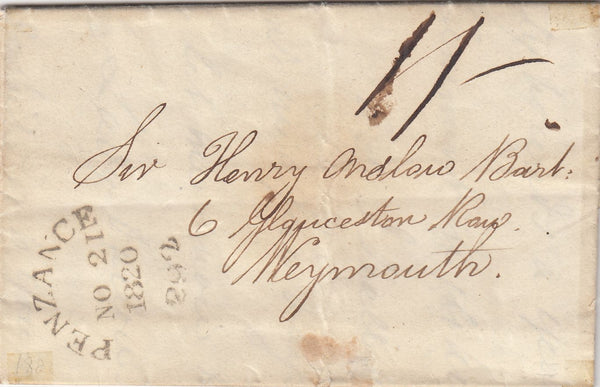 144429 1820 MAIL PENZANCE, CORNWALL TO WEYMOUTH 'PENZANCE/292' CIRCULAR DATED MILEAGE MARK (CO247).