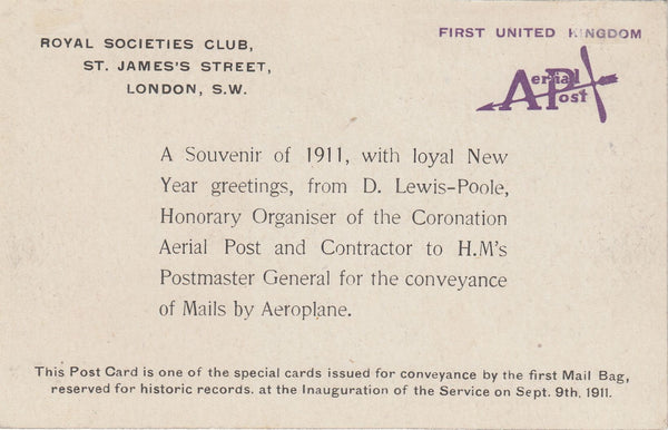 144432 1911 FIRST OFFICIAL U.K. AERIAL POST, PRIVILEGE POSTCARD IN VIOLET USED BY D LEWIS-POOLE AS A NEW YEAR CARD.