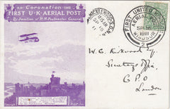144434 1911 FIRST OFFICIAL U.K. AERIAL POST VERY FINE USED LONDON PRIVILEGE POSTCARD IN VIOLET FROM WINDSOR TO W G KIRKWOOD.