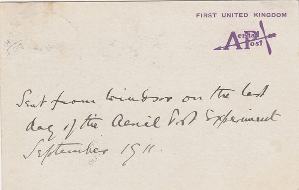 144434 1911 FIRST OFFICIAL U.K. AERIAL POST VERY FINE USED LONDON PRIVILEGE POSTCARD IN VIOLET FROM WINDSOR TO W G KIRKWOOD.