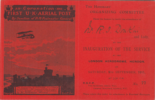 144435 1911 FIRST OFFICIAL U.K. AERIAL POST OFFICIAL INVITATION CARD BLACK ON RED FROM THE ORGANIZING COMMITTEE.
