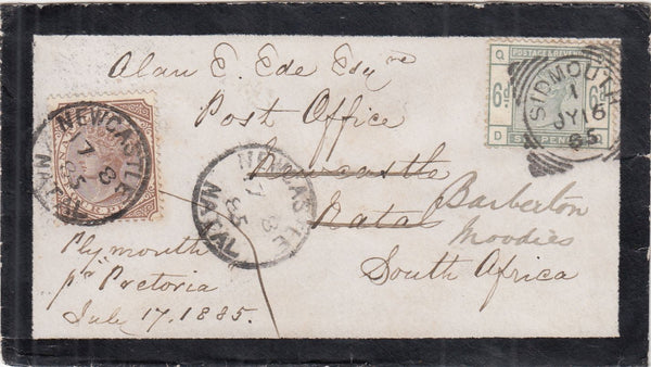 144437 1885 MOURNING ENVELOPE SIDMOUTH, DEVON TO NATAL, SOUTH AFRICA 6d GREEN (SG194) REDIRECTED TO BARBERTON WITH NATAL 4d BROWN.