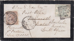 144437 1885 MOURNING ENVELOPE SIDMOUTH, DEVON TO NATAL, SOUTH AFRICA 6d GREEN (SG194) REDIRECTED TO BARBERTON WITH NATAL 4d BROWN.