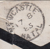 144437 1885 MOURNING ENVELOPE SIDMOUTH, DEVON TO NATAL, SOUTH AFRICA 6d GREEN (SG194) REDIRECTED TO BARBERTON WITH NATAL 4d BROWN.