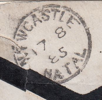 144437 1885 MOURNING ENVELOPE SIDMOUTH, DEVON TO NATAL, SOUTH AFRICA 6d GREEN (SG194) REDIRECTED TO BARBERTON WITH NATAL 4d BROWN.