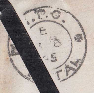 144437 1885 MOURNING ENVELOPE SIDMOUTH, DEVON TO NATAL, SOUTH AFRICA 6d GREEN (SG194) REDIRECTED TO BARBERTON WITH NATAL 4d BROWN.