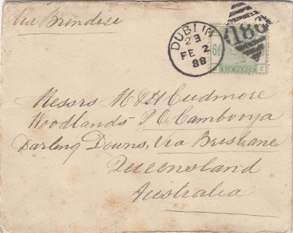 144438 1888 MAIL DUBLIN TO QUEENSLAND, AUSTRALIA 6d GREEN (SG194).