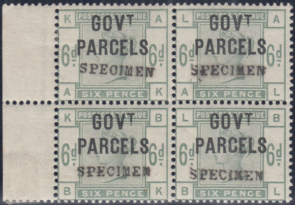 144441 1886 6d DULL GREEN 'GOVT PARCELS' OVERPRINTED 'SPECIMEN' (SGO62s) VERY FINE UNUSED BLOCK OF FOUR.