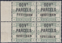 144441 1886 6d DULL GREEN 'GOVT PARCELS' OVERPRINTED 'SPECIMEN' (SGO62s) VERY FINE UNUSED BLOCK OF FOUR.