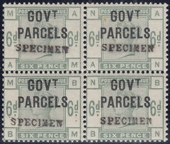 144442 1886 6d DULL GREEN 'GOVT PARCELS' OVERPRINTED 'SPECIMEN' (SGO62s) SUPERB UNMOUNTED BLOCK OF FOUR.