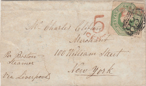 144443 1852 WRAPPER WAKEFIELD TO NEW YORK 1s GREEN EMBOSSED (SG55).