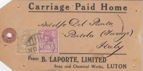 144445 CIRCA 1920 PARCEL TAG LUTON TO ITALY KGV 6d (SG385) AND 1s (SG395).