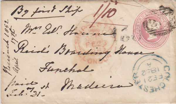 144448 1852 PENNY PINK ENVELOPE COLCHESTER TO FUNCHAL, MADERIA.