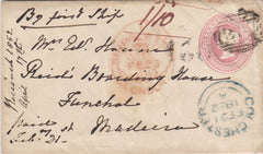 144448 1852 PENNY PINK ENVELOPE COLCHESTER TO FUNCHAL, MADERIA.