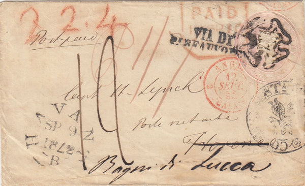 144450 1842 PENNY PINK  HAVANT, HANTS TO FLORENCE, REDIRECTED TO LUCCA ITALY.