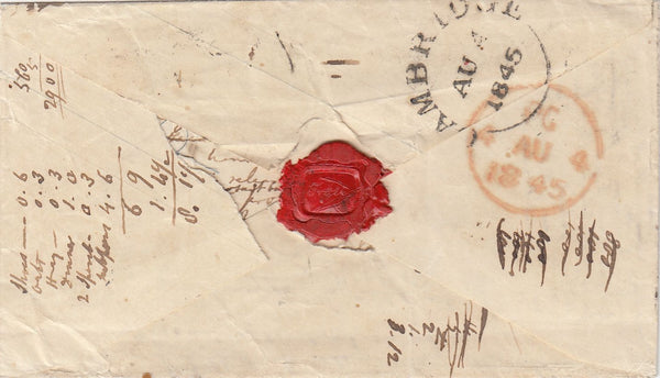 144451 1845 PENNY PINK CAMBRIDGE TO FRAMPTON, QUEBEC, POSTED UNPAID WITH CHARGE MARKS.