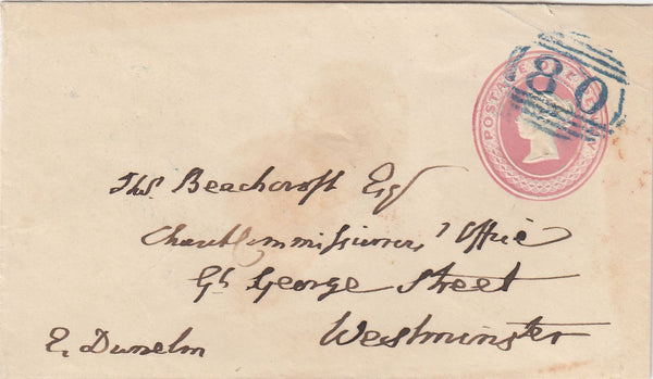 144452 1849 PENNY PINK ENVELOPE BISHOPS AUCKLAND, DURHAM TO WESTMINSTER CANCELLED SUPERB STRIKE '80' NUMERAL OF BISHOPS AUCKLAND IN BLUE.