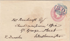 144452 1849 PENNY PINK ENVELOPE BISHOPS AUCKLAND, DURHAM TO WESTMINSTER CANCELLED SUPERB STRIKE '80' NUMERAL OF BISHOPS AUCKLAND IN BLUE.