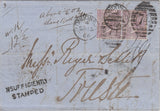 144453  1866 UNDERPAID MAIL LONDON TO TRIESTE 6d LILAC PL.5 (SG97) x 2 AND 'INSUFFICIENTLY/STAMPED' HANDSTAMP.