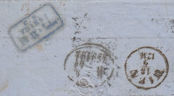 144453  1866 UNDERPAID MAIL LONDON TO TRIESTE 6d LILAC PL.5 (SG97) x 2 AND 'INSUFFICIENTLY/STAMPED' HANDSTAMP.