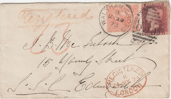 144454 1873 REGISTERED MAIL WALTHAM CROSS TO EDINBURGH 1d PL.138 (SG43) 4d PL.12 (SG94).