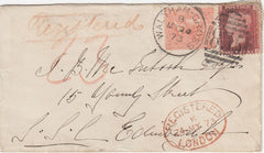 144454 1873 REGISTERED MAIL WALTHAM CROSS TO EDINBURGH 1d PL.138 (SG43) 4d PL.12 (SG94).