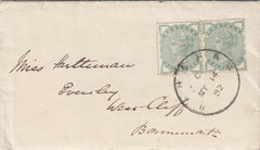 144455 1882 MAIL WAREHAM, DORSET TO BOURNEMOUTH ½d PALE GREEN (SG165) x 2 'WAREHAM' SKELETON DATE STAMP.