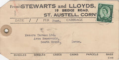 144457 1955 PARCEL TAG ST. AUSTELL, CORNWALL TO SOUTH BRENT, DEVON 1/3d WILDING.