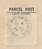 144457 1955 PARCEL TAG ST. AUSTELL, CORNWALL TO SOUTH BRENT, DEVON 1/3d WILDING.